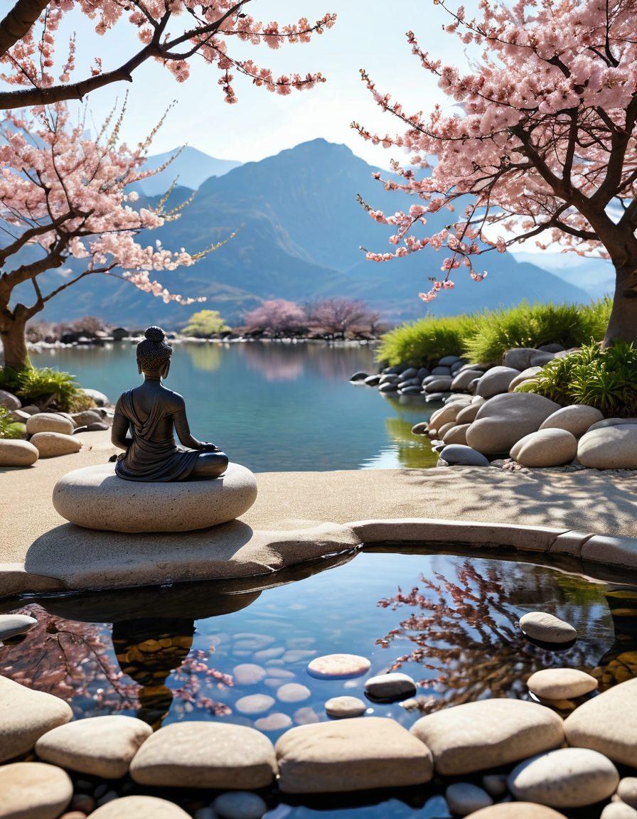 A serene landscape depicting a tranquil zen garden with smooth pebbles and a gentle water feature, where a person is meditating under a cherry blossom tree. Soft sunlight filters through the leaves, creating a peaceful atmosphere. In the background, distant mountains symbolize calmness and perspective. Include elements of mindfulness like a journal and a cup of herbal tea nearby. super-realistic. vibrant colors. tranquil settings.