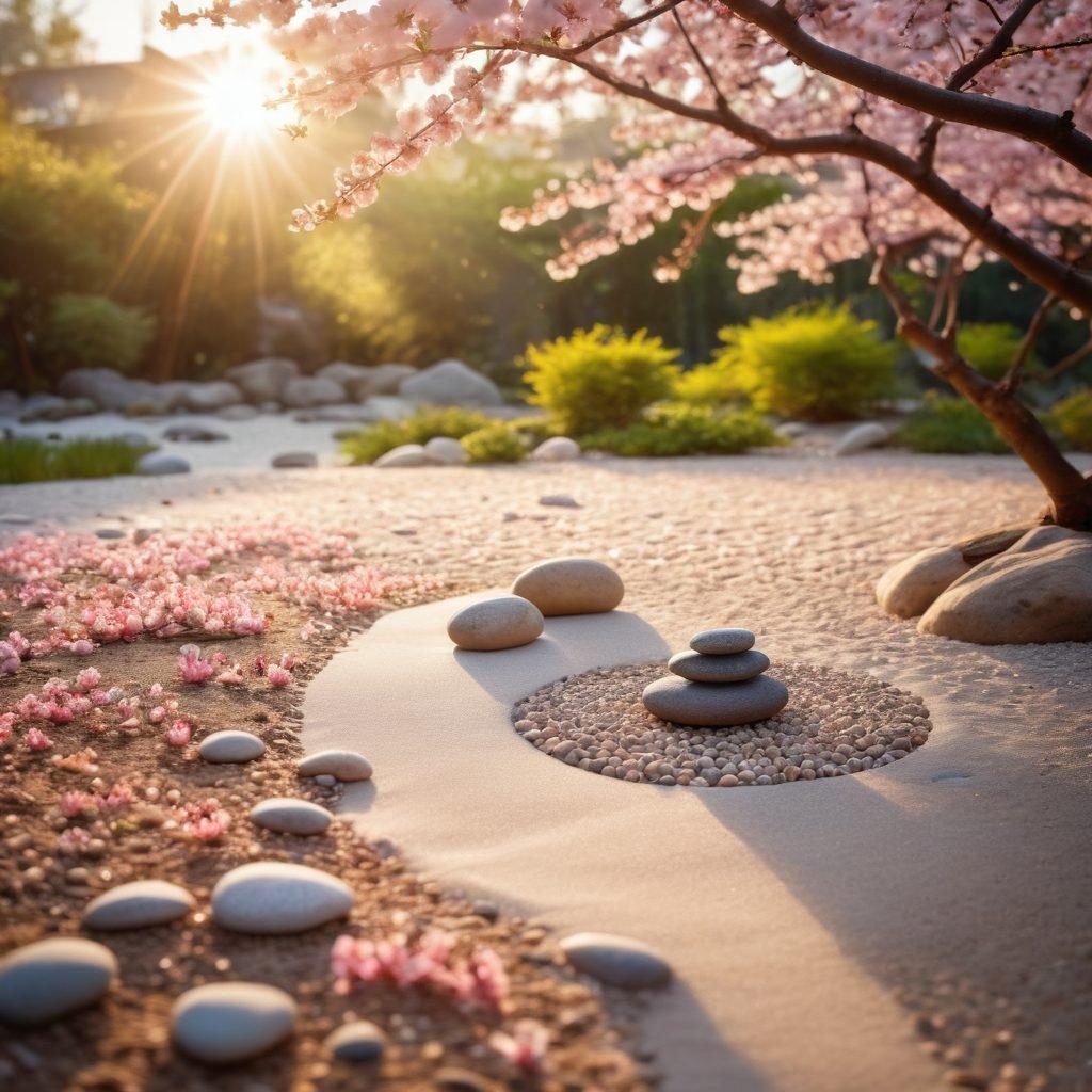 A serene landscape depicting a tranquil zen garden with smooth pebbles and softly raked sand, illuminated by the warm light of a setting sun. In the foreground, a person sitting cross-legged in meditation surrounded by blooming cherry blossoms and gentle flowing water. Ethereal rays of light symbolizing inner peace radiate around them, creating a sense of harmony and bliss. super-realistic. vibrant colors. tranquil ambiance.
