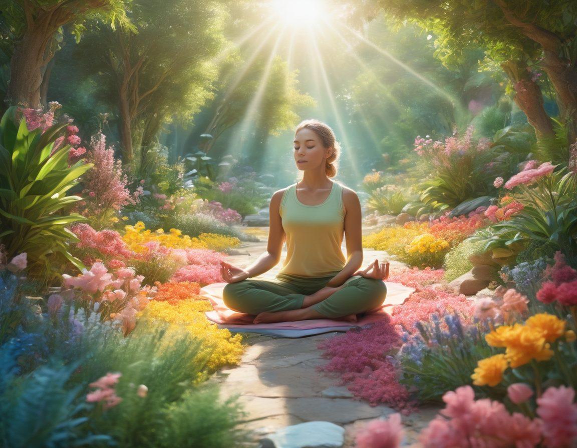 A serene landscape transitioning from a calm, peaceful scene with soft pastel colors to a vibrant, blissful setting filled with bright flowers and a radiant sun. In the foreground, a person is seen meditating, surrounded by elements representing well-being such as crystals and green plants, moving towards a joyful group of people celebrating together in the background. The color palette should evolve from soothing blues and greens to energizing yellows and pinks, capturing the essence of transformation. super-realistic. vibrant colors. 3D.